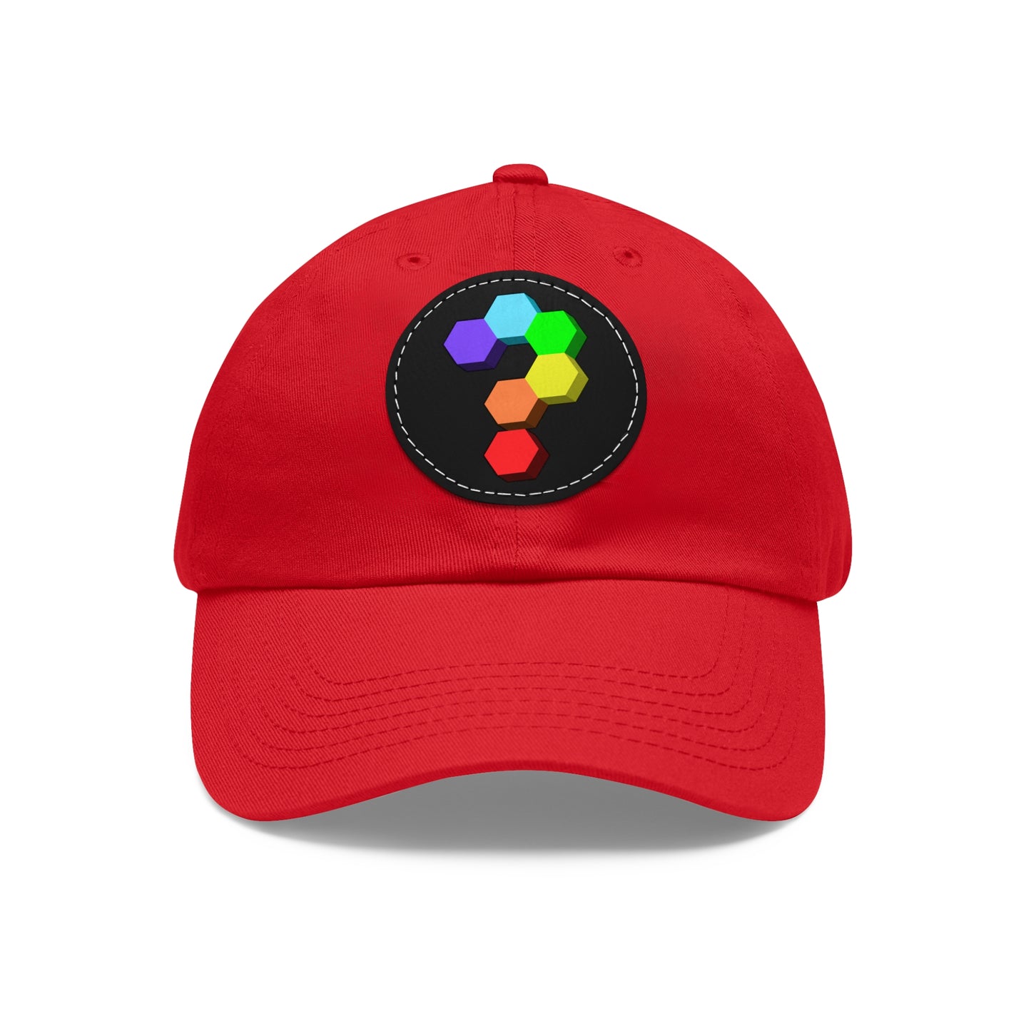 Hex Puzzle Dad Hat — Colorful Geometric Leather Patch Baseball Cap