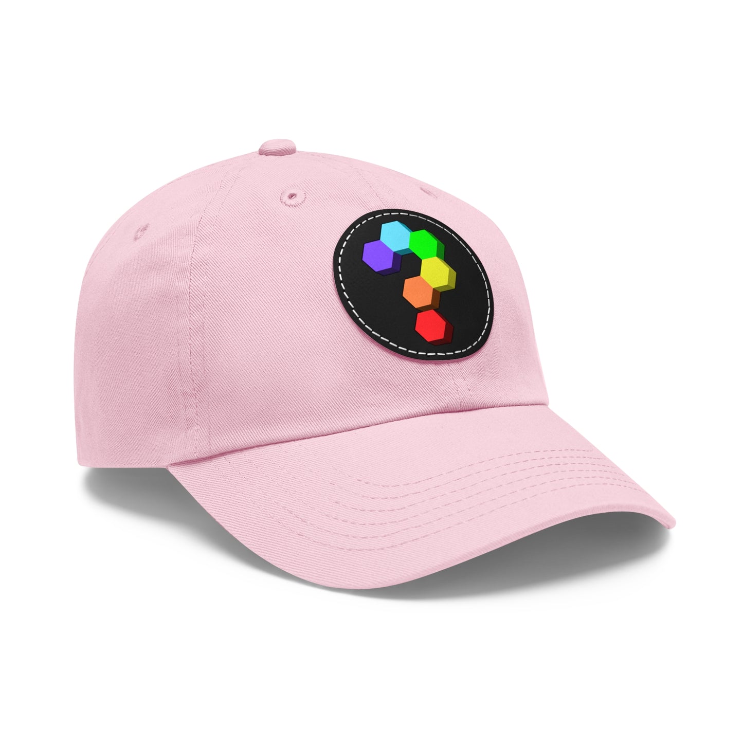 Hex Puzzle Dad Hat — Colorful Geometric Leather Patch Baseball Cap