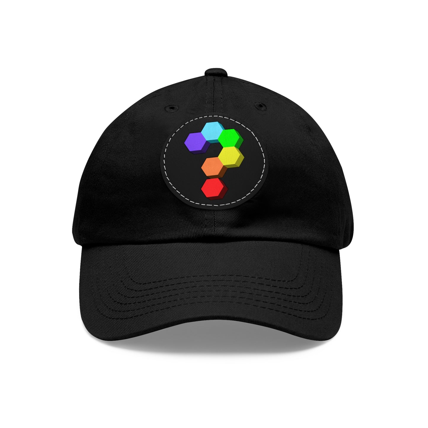 Hex Puzzle Dad Hat — Colorful Geometric Leather Patch Baseball Cap