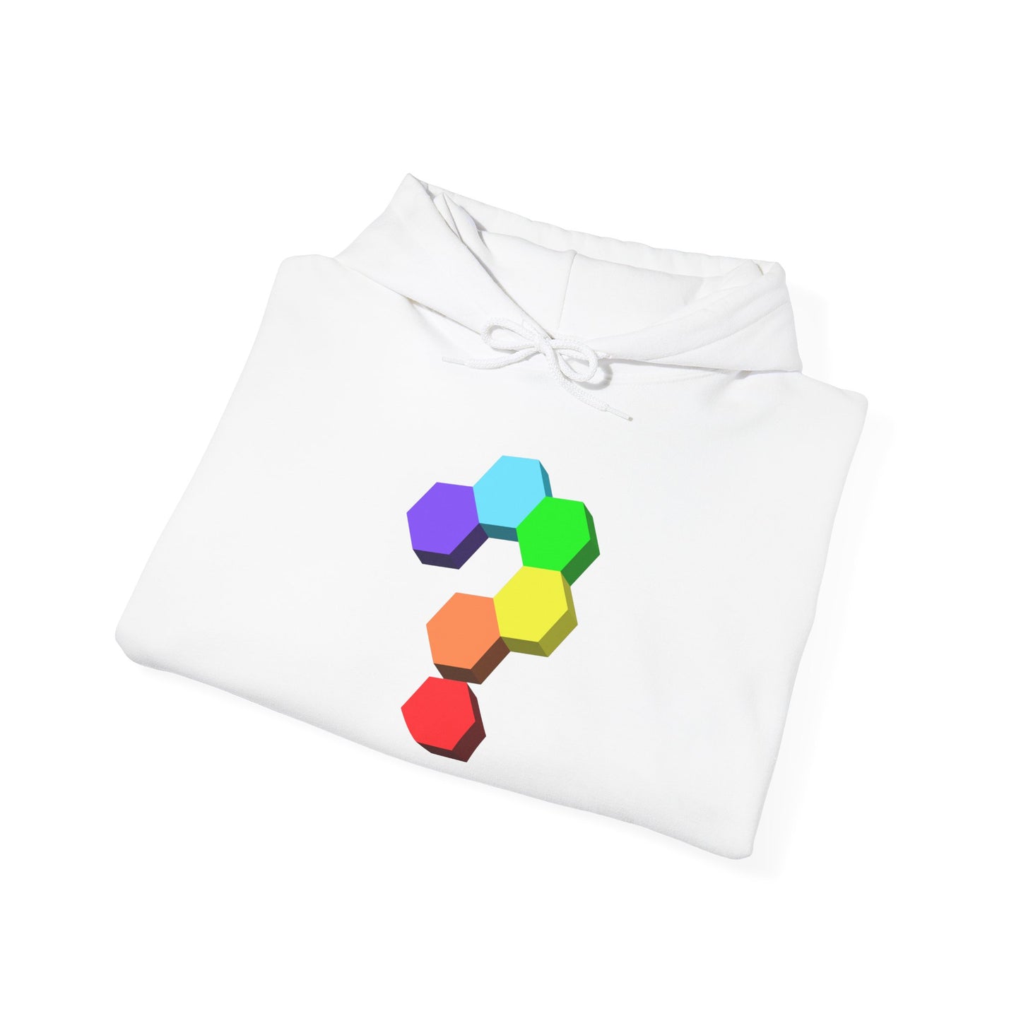 Question Mark Hexagon Graphic Hoodie — Colorful Geometric Puzzle Sweatshirt