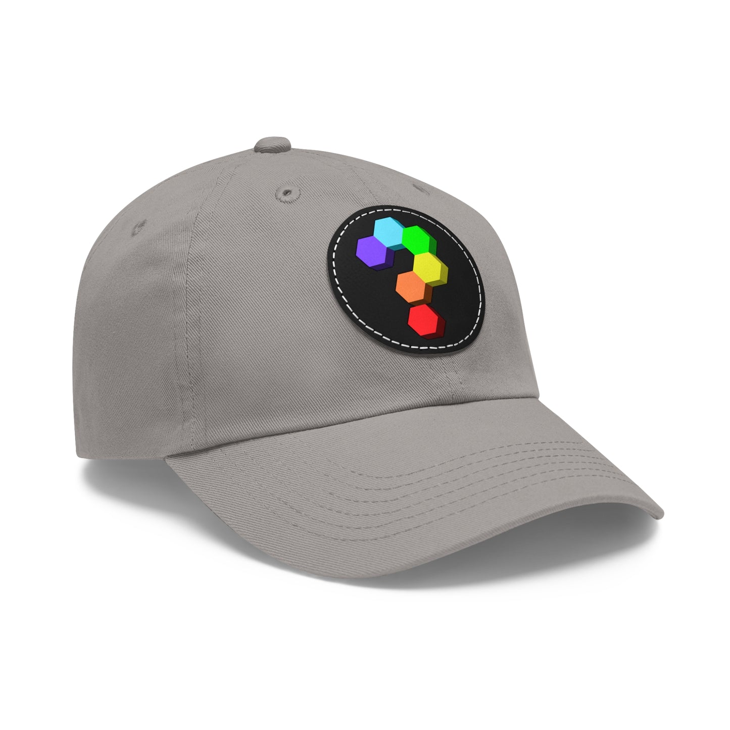Hex Puzzle Dad Hat — Colorful Geometric Leather Patch Baseball Cap