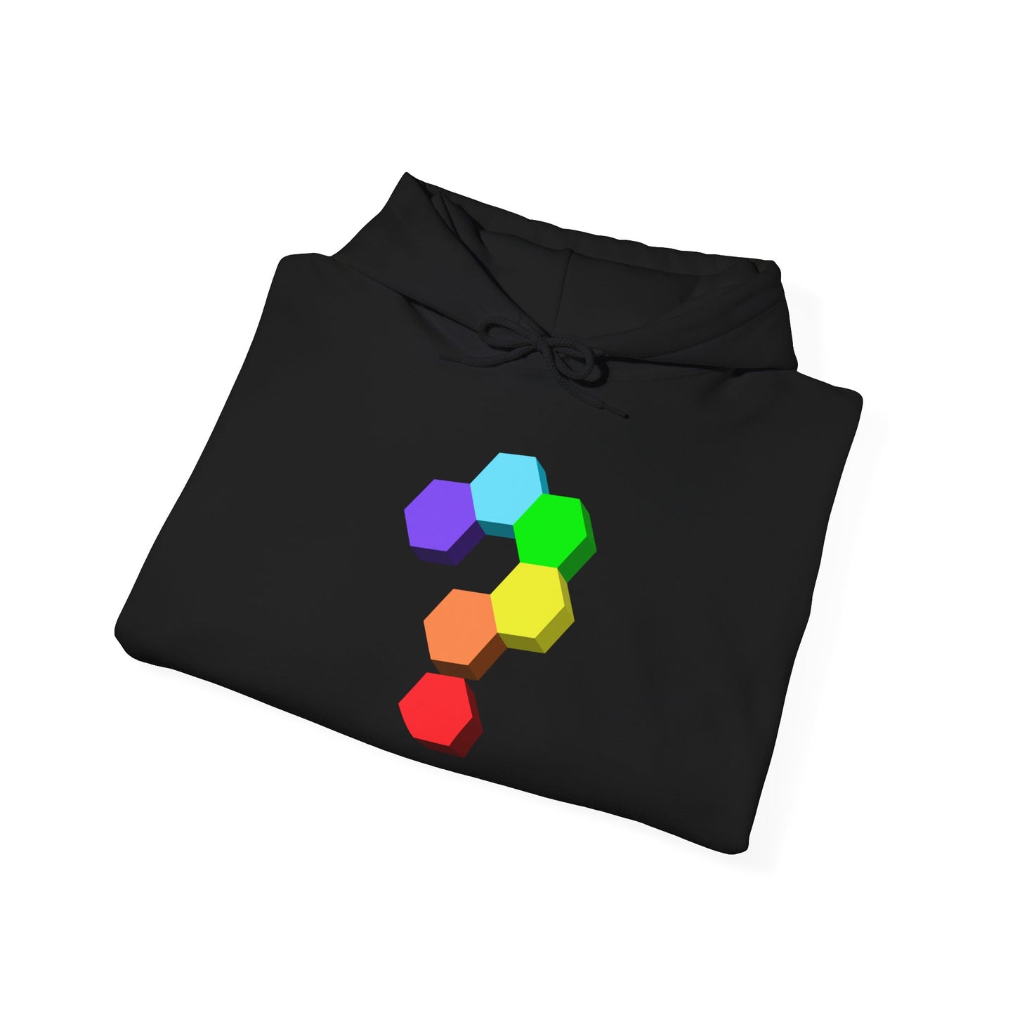 Question Mark Hexagon Graphic Hoodie — Colorful Geometric Puzzle Sweatshirt