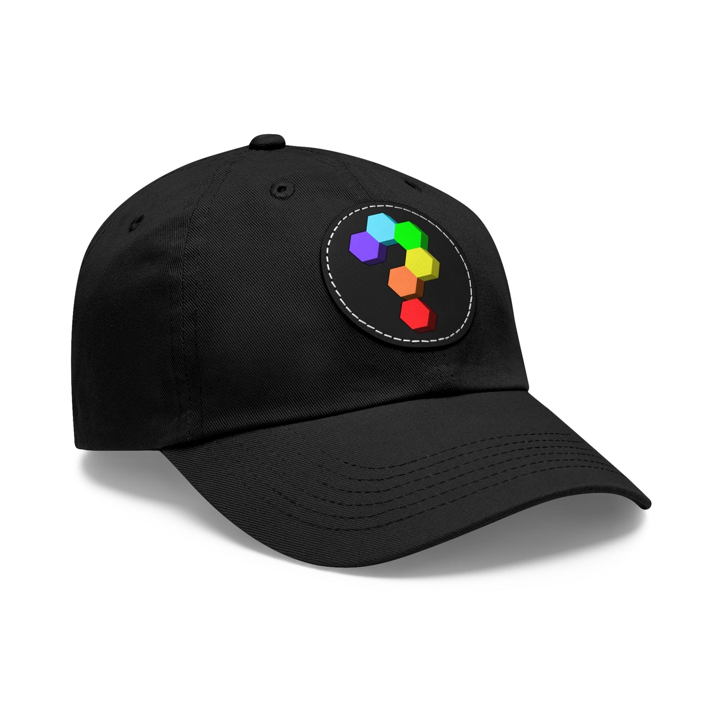 Hex Puzzle Dad Hat — Colorful Geometric Leather Patch Baseball Cap