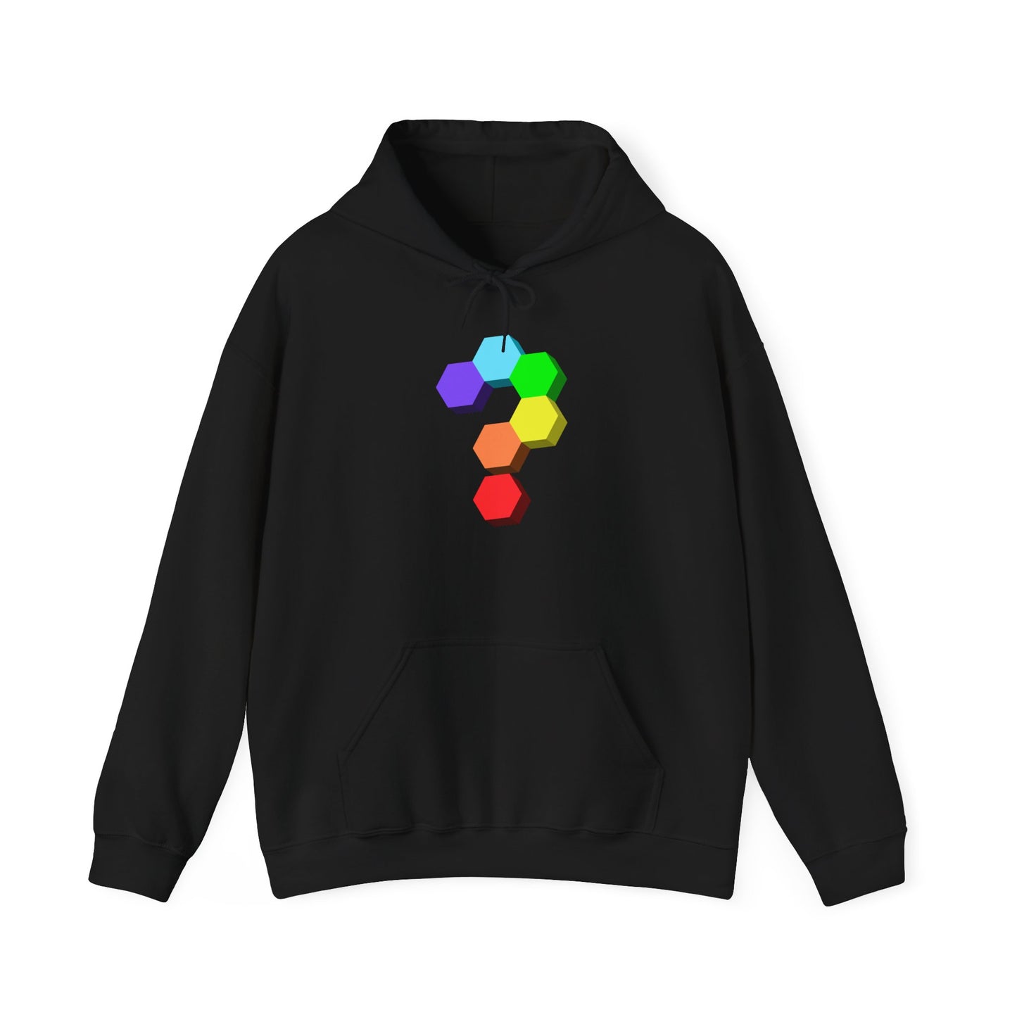 Question Mark Hexagon Graphic Hoodie — Colorful Geometric Puzzle Sweatshirt