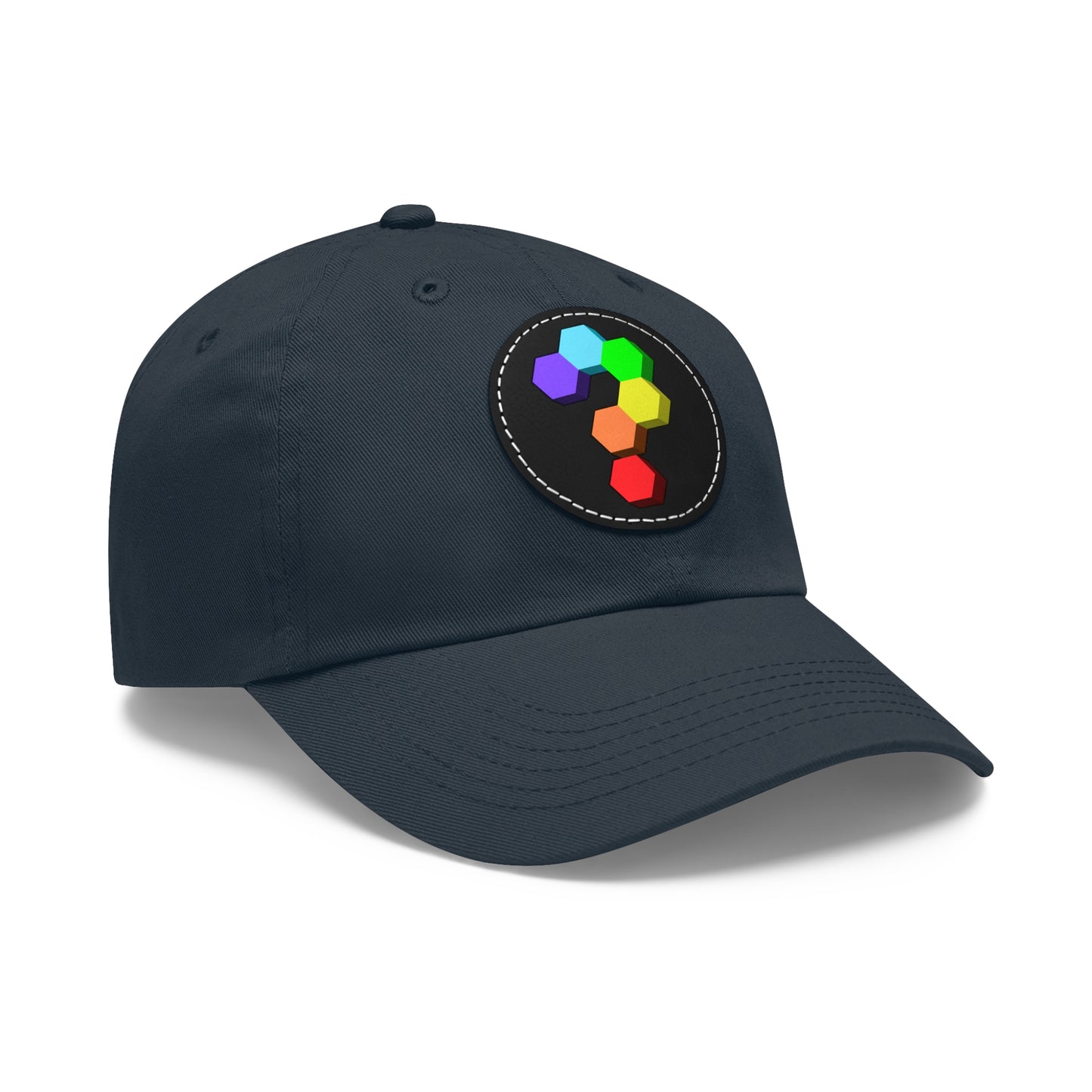 Hex Puzzle Dad Hat — Colorful Geometric Leather Patch Baseball Cap